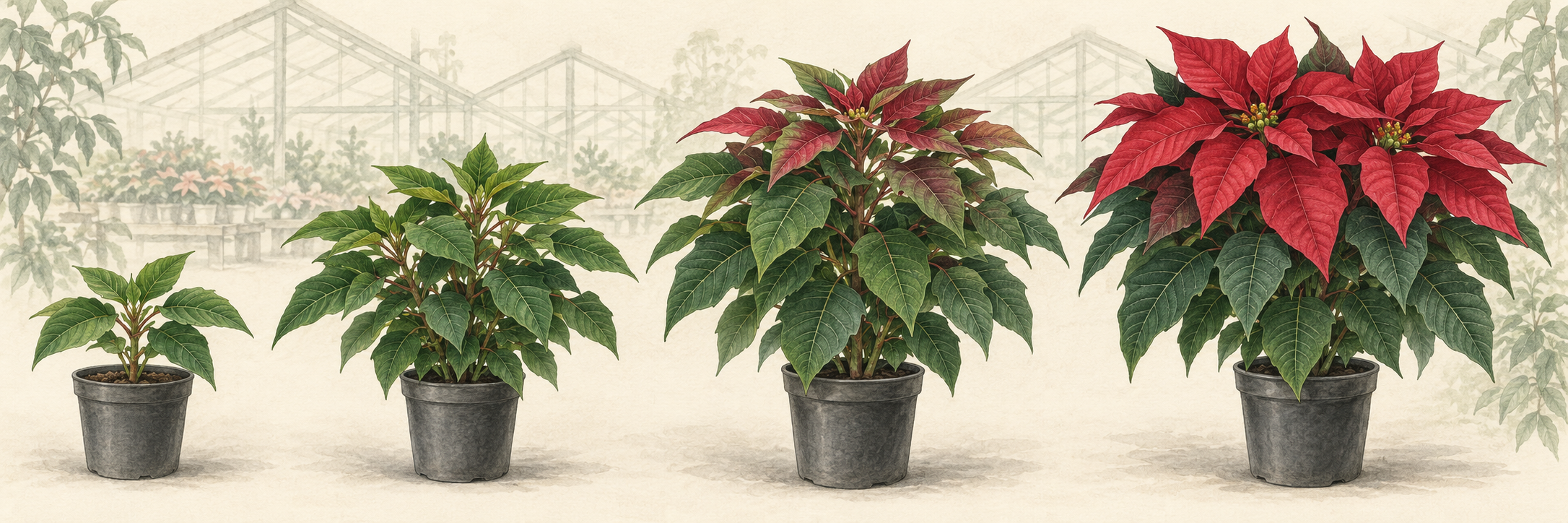 Illustration of poinsettias developing from young green plants into mature plants with red bracts.